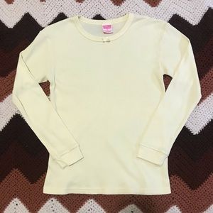90s vintage Ladies’ Thermal pastel yellow long sleeve waffle knit top medium